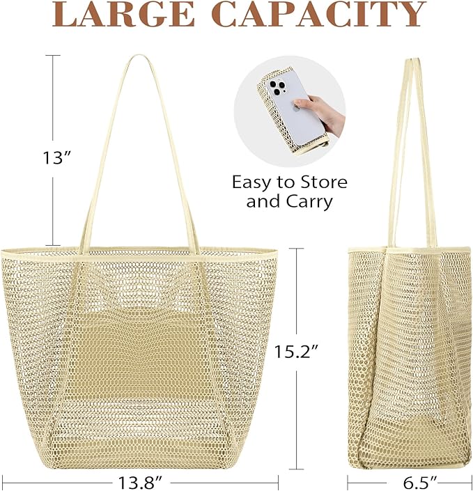 Tavaleu Mesh Beach Bag, Beach Bags for Women, Woven Straw Beach Tote Bag Waterproof with Inner Pocket, Packable Beach Bag