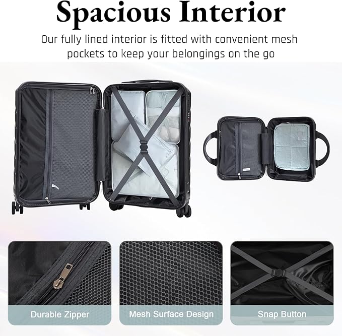 2-Piece ABS Hard Shell Lightweight Carry-On Luggage Set (14" & 20"), 360-Degree Spinner Wheels, Adjustable Telescopic Handle and Combination Lock for Travel, Dark Grey