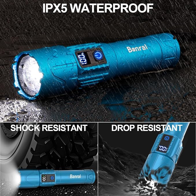 Rechargeable Tactical Flashlights 2000 High Lumens - 5000mAh Super Bright LED Powerful Flash Light, Waterproof Handheld USB C Flashlight for Home,Car,Camping,Emergencies,Zoomable (1, Turquoise)