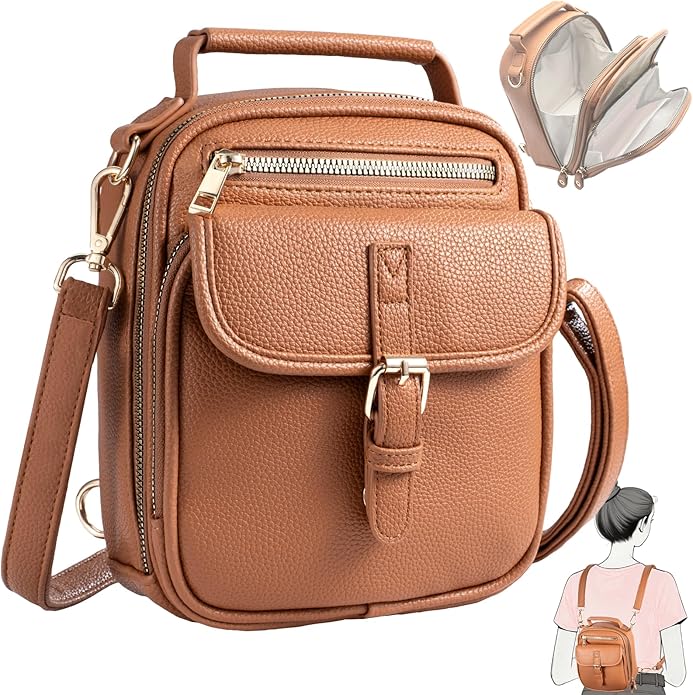 Vegan Leather Crossbody Bag for Women with 2 Straps, Small Messenger Bag with Anti Theft Zipper Pocket Vintage Shoulder Bag