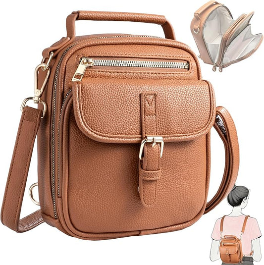 Vegan Leather Crossbody Bag for Women with 2 Straps, Small Messenger Bag with Anti Theft Zipper Pocket Vintage Shoulder Bag