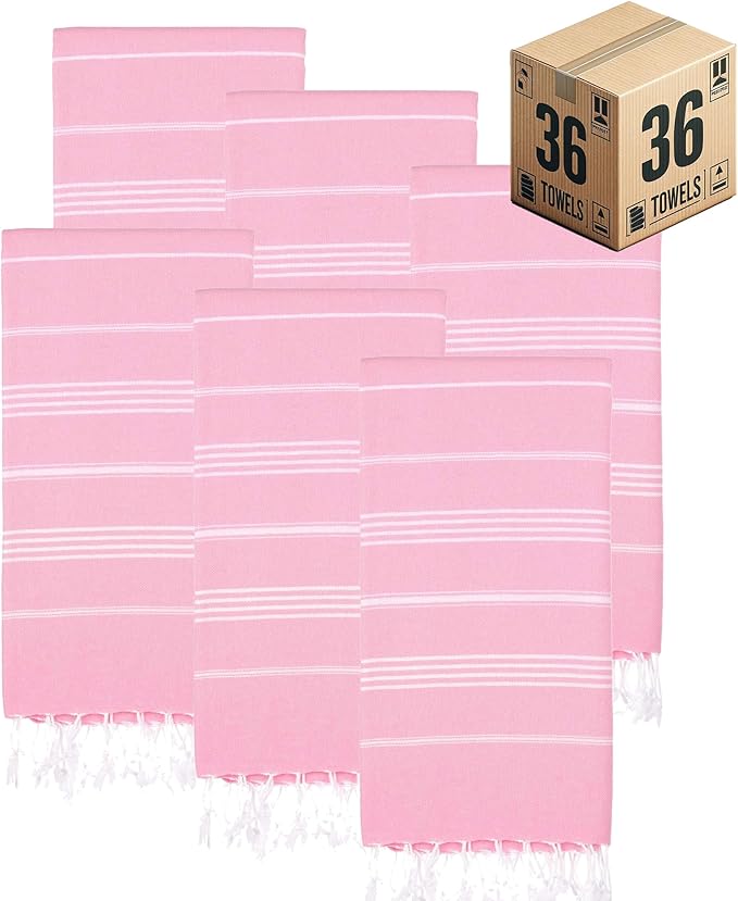 Turkish Beach Towels, Bulk Case of 36 | Oversized, Quick Dry, Sand Free | 100% Cotton, Large 38x71 Towels for Beach, Pool, Travel | Ultra-Soft, Compact, Absorbent | Pink