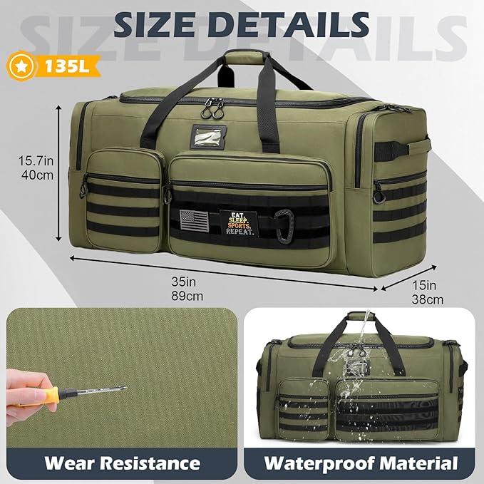 135L Large Duffle Bag, Heavy Duty Duffle Bag for Travel, Extra Large Sports Gym Equipment Bag for Soccer Baseball Basketball Hockey Football, Green