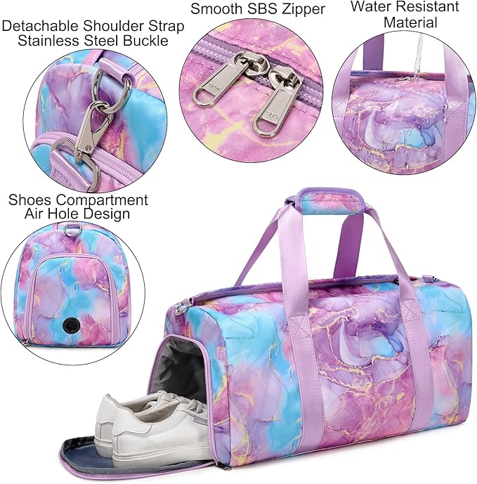 Gym Sports Duffle Bag Dance Ballet Bags with Separate Dry Wet Pocket and Shoes Compartment Weekender Overnight Travel Foldable Bag for Girls Teen Women(Purple)
