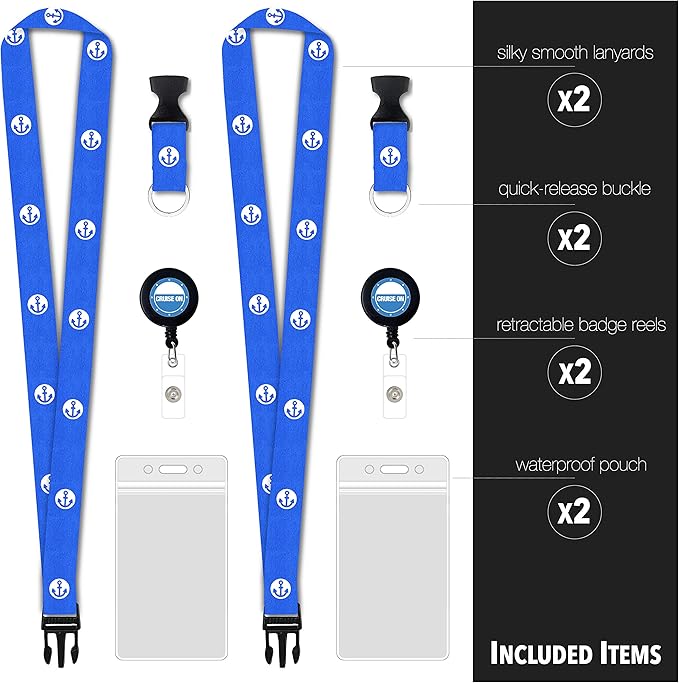 Cruise On Cruise Lanyard for Ship Cards – 2-Pack Retractable Badge & Waterproof Key Card Holder for Ship Cards – Cruise Essentials 2025-2026, Perfect for Travel & Vacation (Blue Anchor)