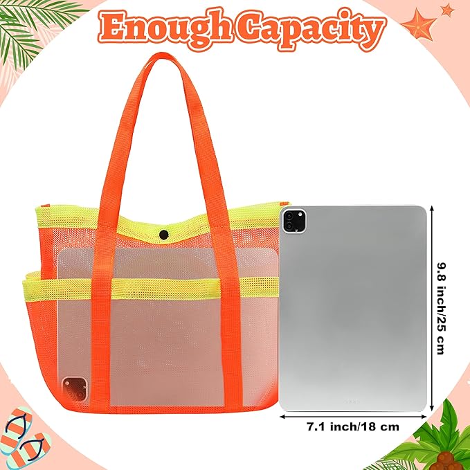 Mesh Beach Bag, Foldable Waterproof Sandproof Beach Storage Tote with 6 Pockets, Swim Tropical Vacation Pool Essential