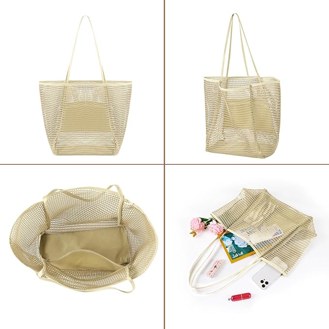 Tavaleu Mesh Beach Bag, Beach Bags for Women, Woven Straw Beach Tote Bag Waterproof with Inner Pocket, Packable Beach Bag