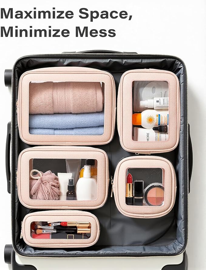 5Pcs Diaper Bag Organizer Pouch Set, Waterproof Travel Clear Makeup Bag Set for Women Small Toiletry Bag Travel Packing Organizer Bags Cosmetic Case with Zipper Compact Car Organizer Bag (Pink Set)