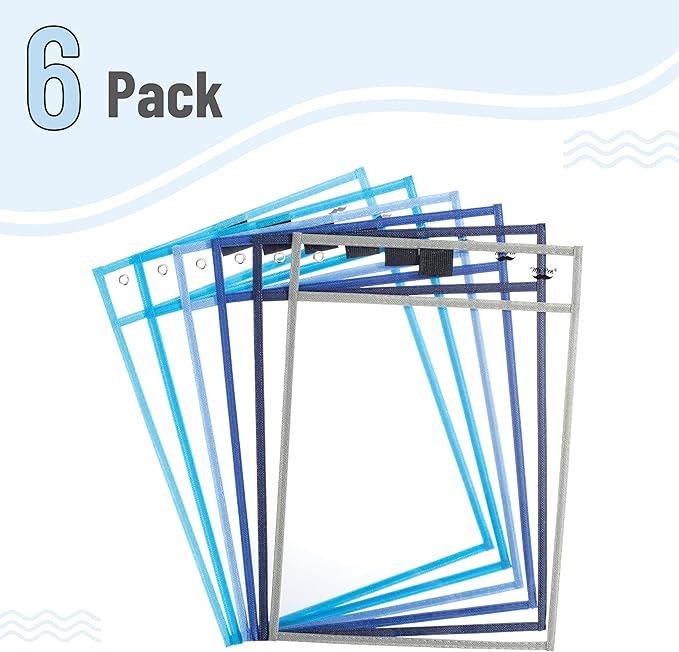 Mr. Pen- Dry Erase Pocket Sleeves, 6 Pack, 10"x14", Ocean Breeze Color Theme, Dry Erase Pockets Reusable Sleeves, Job Ticket Holders with Marker Holder & Metal Eyelet