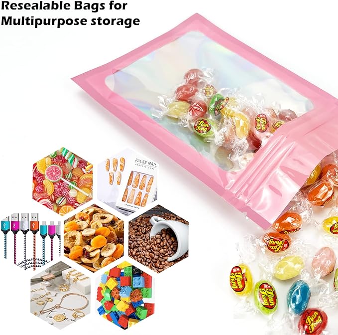 300 Pcs Holographic Mylar Bags, 3 Size Smell Proof Bags with Clear Window Foil Pouch Bags Resealable Bags for Small Business and Food Storage, Pink