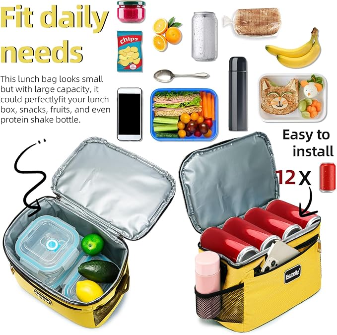 BEIMILY Lunch Box for Men/Women,Small Insulated Lunch Bag Tote,Small Lunch Bag for Work,Adult Lunch Box,Reusable Leakproof Soft Cooler Bag with Adjustable Shoulder Strap (Yellow)