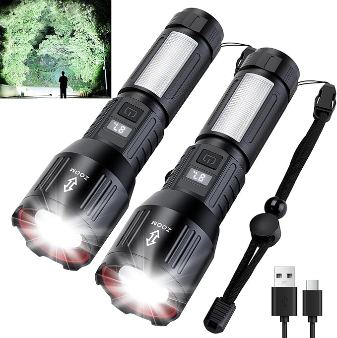 Rechargeable Flashlights 1,500,000L High Lumens 2 Packs, LED Super Bright Strong Powerful Handheld Flash Lights with 6 Light Modes, COB Side Light, Zoomable Beam for Outdoor Emergency Home
