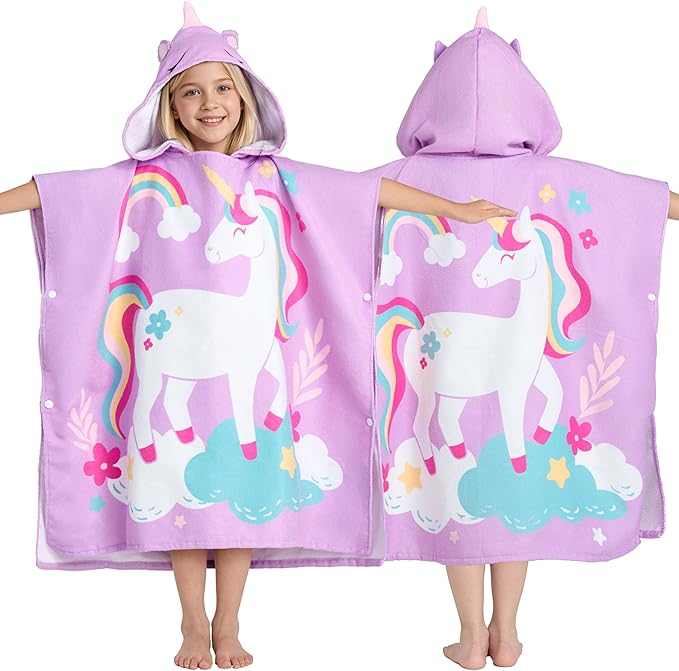 Joiedomi Kids Beach Towels with Hood for Girls Purple Unicorn Hooded Toddler Bath Towel Quick Dry Soft Microfiber 30"x30"