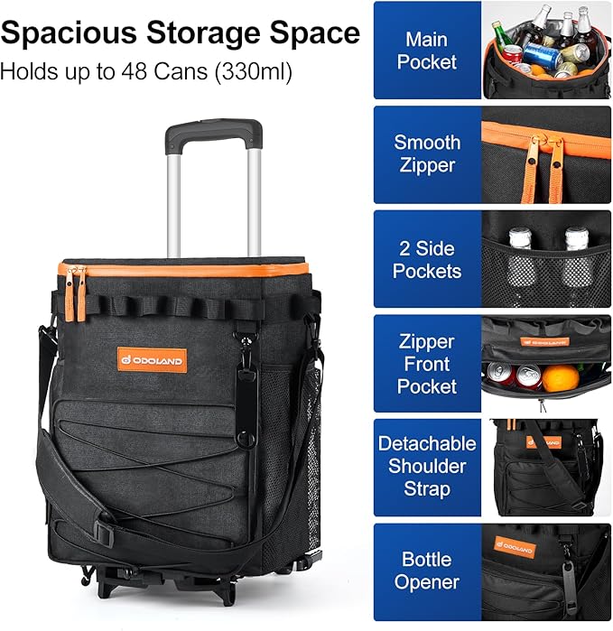 Odoland 48/72 Can Rolling Cooler Bag with Wheels & Handle, Collapsible Insulated Ice Chest for Beach, Camping & Tailgating - Portable Travel Soft Cooler on Wheels, Collapses for Easy Storage