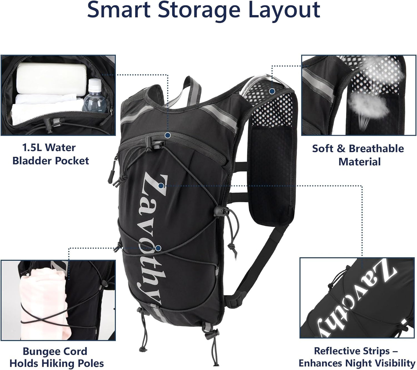 Zavothy Hydration Running Vest for Men & Women – Lightweight 1.5L Hydration Pack with Phone Pockets, Water Bottle Holders, Reflective Strips, Rain Cover – Trail Running, Cycling, Marathon