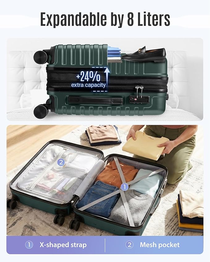 LIGHT FLIGHT Expandable Carry On Luggage 22x14x9 Airline Approved with Double Spinner Wheels, 20 Inch Lightweight Hard Shell Rolling Suitcases with TSA Lock, Pine Green