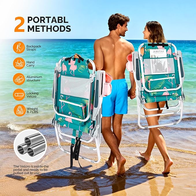 VINGLI Tall Beach Chair 2 Pack Lightweight, Backpack Beach Chair for Adults with 5-Position, Cooler Bag, Cup Holders, Towel Bar, Lightweight Folding Beach Camping Chairs