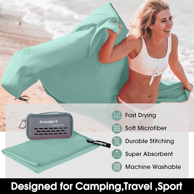 4Monster Quick Dry Travel Towel with Case & Carabiner – Super Absorbent Microfiber Gym & Camping Towel. Compact, Lightweight, Fast Drying for Beach, Swimming, Hiking, Backpacking