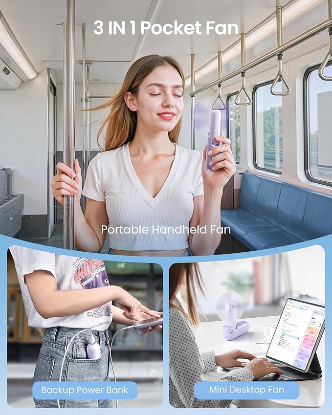 GAIATOP Portable Handheld Fan, 3 IN 1 Mini Foldable Travel Fans [17H Max Cooling Time] with Power Bank, Pocket Design USB Rechargeable for Travel Concert Lash Makeup Summer Gifts for Women Girl Purple