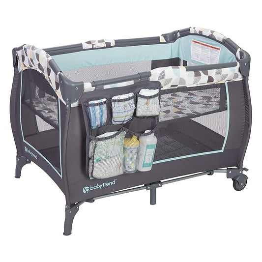 Baby Trend Nursery Center, Portable Playard with Bassinet, Changing Table and Storage Organizer, Trend-E - Foldable and Convertible Travel Play Crib for Babies and Toddlers, Doodle Dots