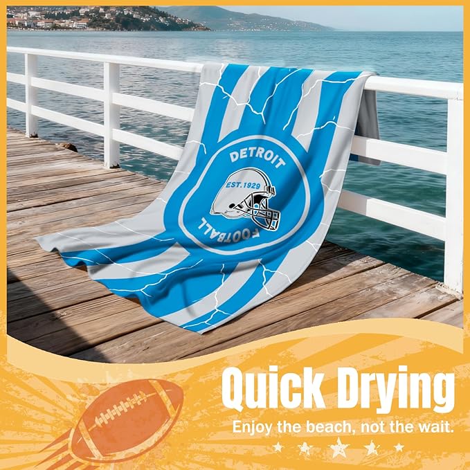 Football Fan Thin Lightweight Microfiber Beach Towel Detroit Themed Large Sand Free Oversized Quick Dry Absorbent Towels Men Women Lions Team Son Brother Christmas Xmas Birthday Cool Useful Nice Gifts