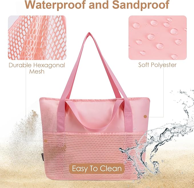 KABAQOO Large Beach Bag Waterproof Sandproof Tote Bag for Women with Zipper & Mesh Pockets for Pool Swim Travel Everyday