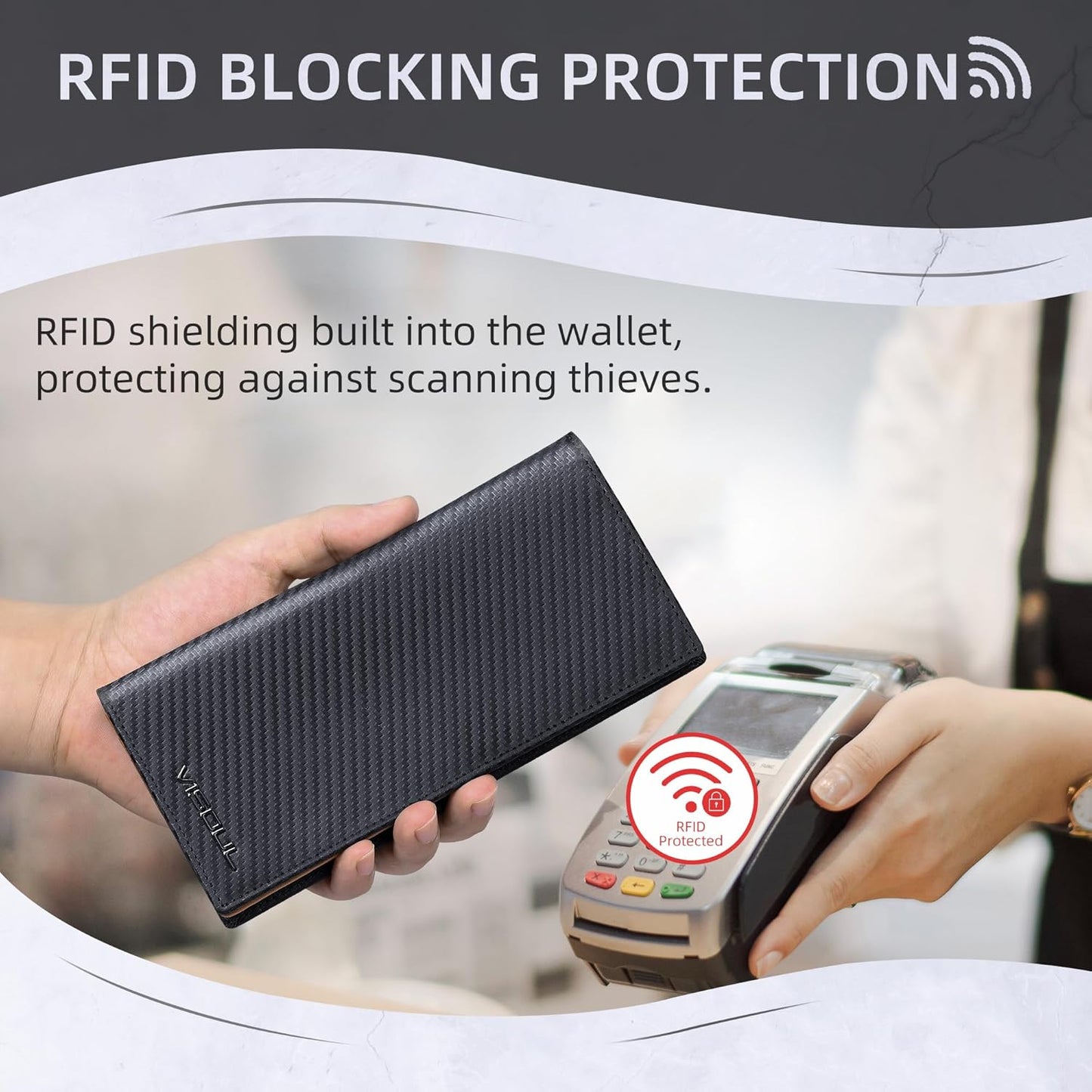 VISOUL Mens Large Long Leather Checkbook Bifold Wallet with RFID Blocking, Carbon Fiber Leather Tall Billfold Secretary Wallets for men (Black+Tan)