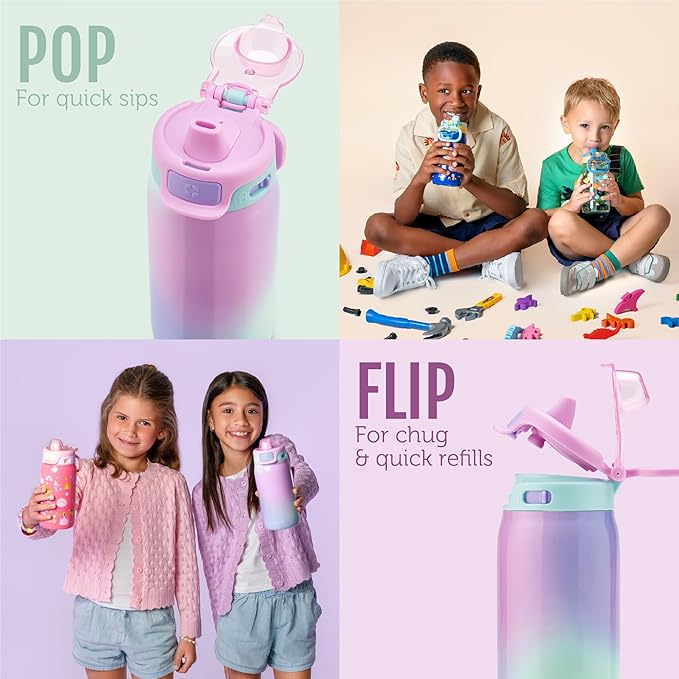Ello Kids Pop & Fill 12oz Toddler Water Bottle with Quick Fill Lid, Double-Wall Vacuum Insulated Stainless Steel, Leak Proof, BPA Free, Sip & Chug, For School, Lunchboxes, To the Rescue