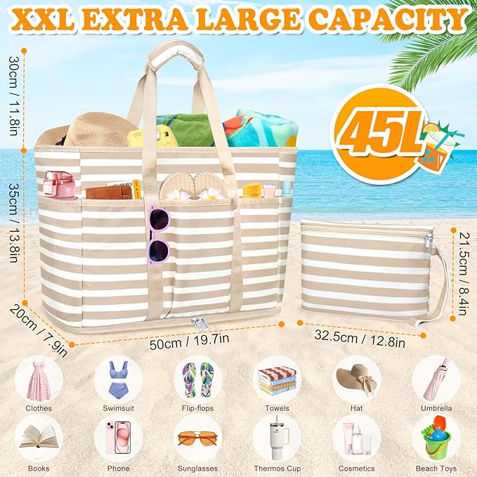 Large Beach Bag with Zipper, 12 Pockets Waterproof Sandproof Pool Bag Womens Mesh Beach Tote Bag for Travel Vacation