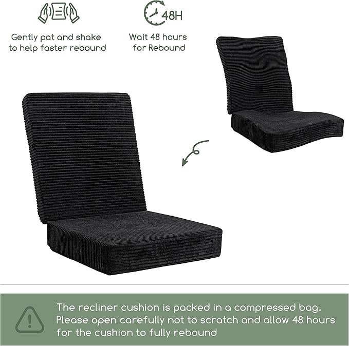 HIGOGOGO Corduroy Recliner Chair Cushion with Lumbar Support Pillow Soft Non-Slip 4" Thick Seat Pad Prevent Buttocks & Back Pain in Seniors (Black, 21" Backrest)