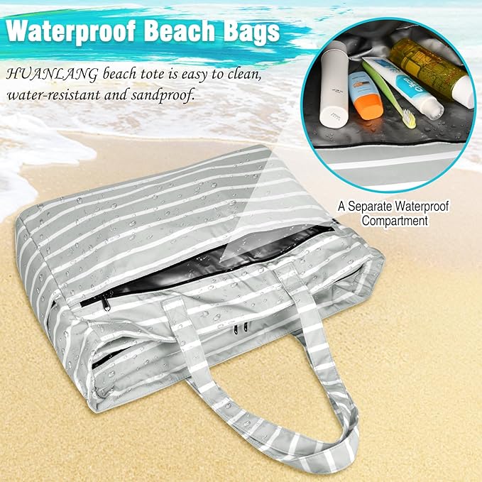 HUANLANG Extra Large Beach Bag Waterproof Beach Totes Bags for Women Men,Pool Bag with Zipper Wet Pocket