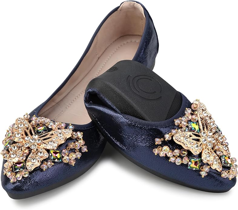 KUNWFNIX Women Ballet Flats Rhinestone Wedding Ballerina Shoes Foldable Sparkly Comfort Slip on Flat Shoes