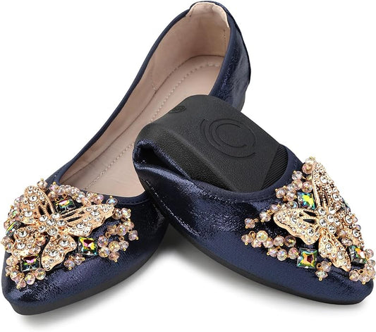 KUNWFNIX Women Ballet Flats Rhinestone Wedding Ballerina Shoes Foldable Sparkly Comfort Slip on Flat Shoes