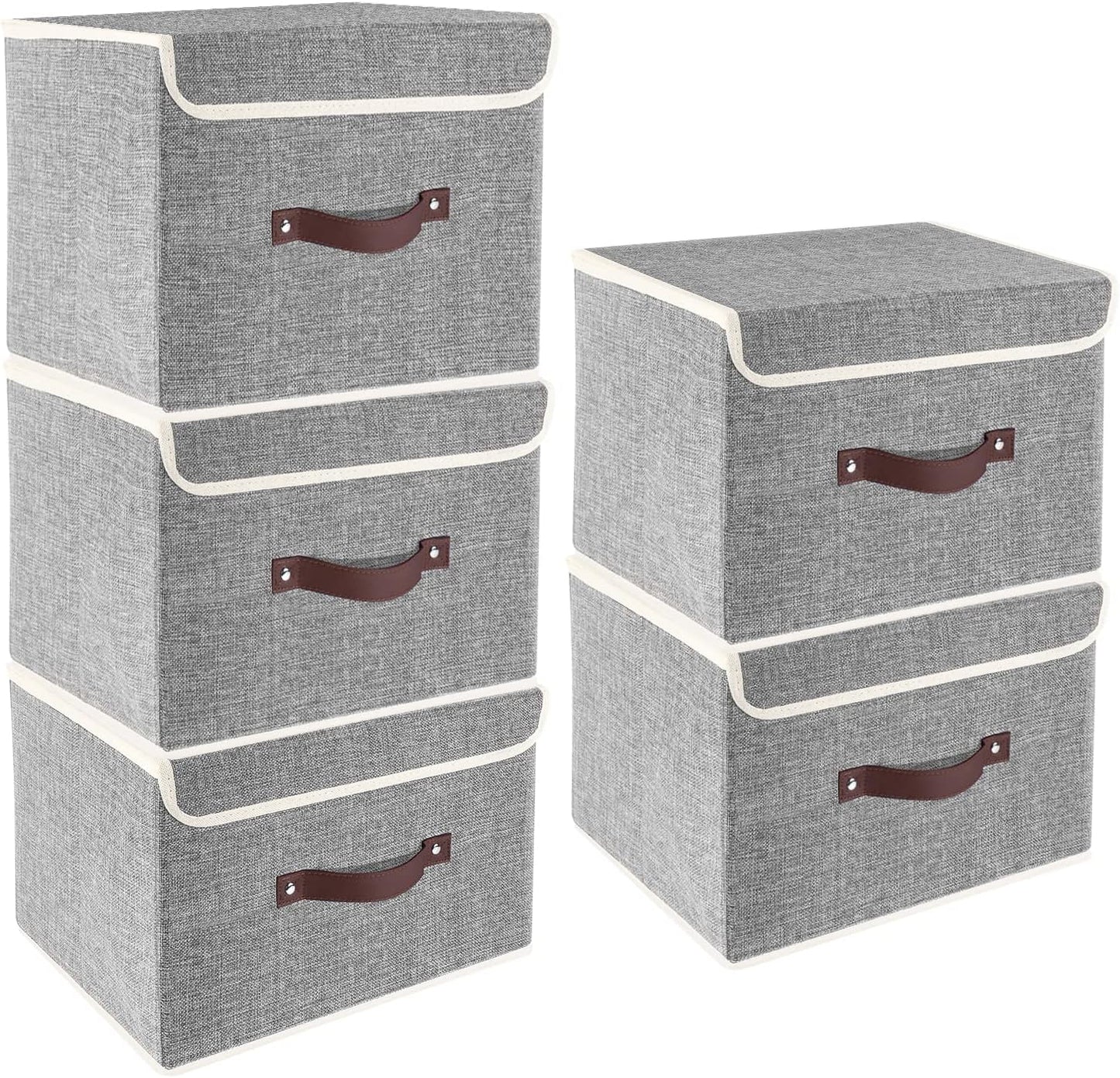 TYEERS Foldable Storage Boxes with Lids 5 Pack Fabric Storage Bins with Lids, Closet Organizers for Clothes Storage, Room Organization, Office Storage, Toys - Gray