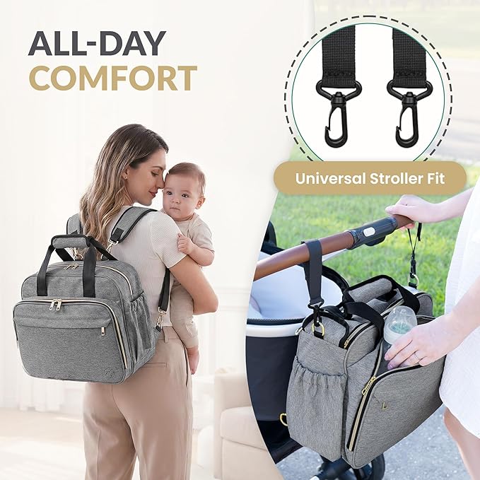 Mellories 4 in 1 Convertible Baby Diaper Bag – Converts from Tote to Backpack, Stroller & Crossbody Diaper Bag – Gray Baby Travel Bag – Gift for Moms