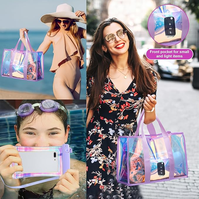 3 Pcs Waterproof Beach Bags Women Clear Iridescent Tote Bag Cosmetic Pouch for Phone Travel Beach Pool Essentials