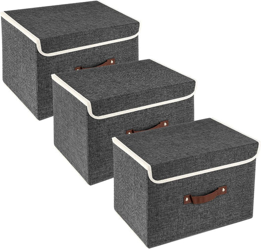 TYEERS Collapsible Storage Boxes, Washable Fabric Storage Bins with Lids, 14.9x9.8x9.8 inches, 3 Pack, Black