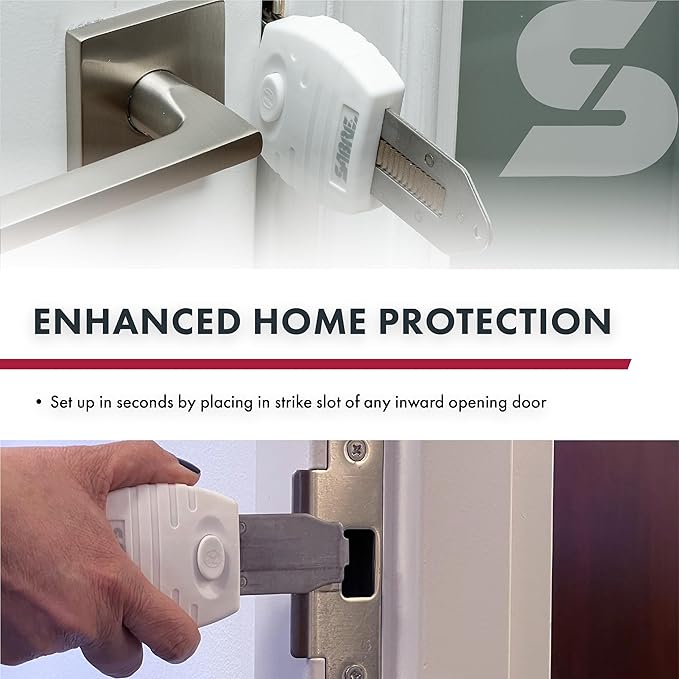 SABRE Portable Door Lock, Durable Metal Construction, Lightweight and Compact, Quick No-Tool Installation, Fits Most Inward-Swinging Hinged Doors, Requires 1/8 Inch Gap, For Houses, Apartments, Condos