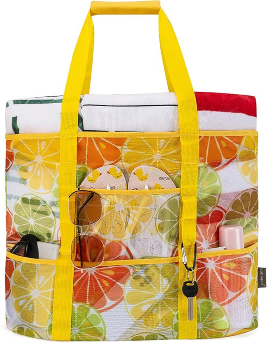 KABAQOO Mesh Beach Bag, Extra Large Beach Bags with 9 Pockets & Zipper Waterproof Lightweight Beach Tote for Beach/Pool Trip | Extra Large, 9 Pockets, Zipper, Waterproof, Lightweight, Beach/Pool Trip