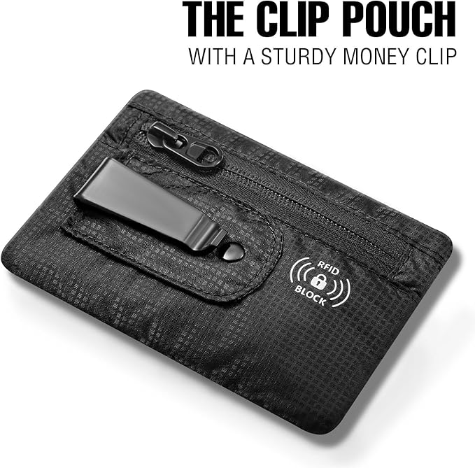 RFID Blocking Clip Stash Pocket, Compact Hidden Travel Belt Wallet for Cards & Cash - Slim Pickpocket-Proof Design for Everyday Carry (Black, Medium)