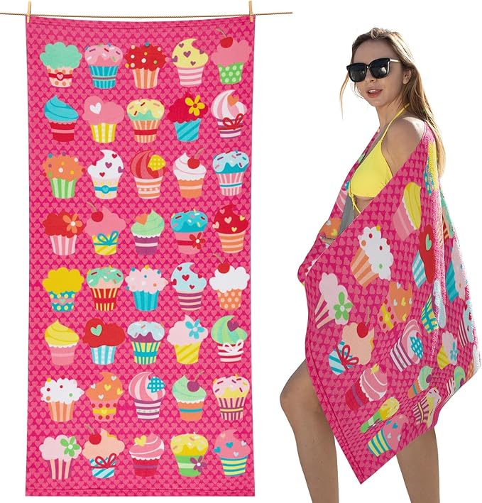 cabanana Sand Resistant Beach Towel - Quick Dry Microfiber Beach Towel 60x30 Inches Sandproof Pool Towels, Thin Lightweight Compact for Travel Swimming Bath for Adults Women Men (Cupcake)