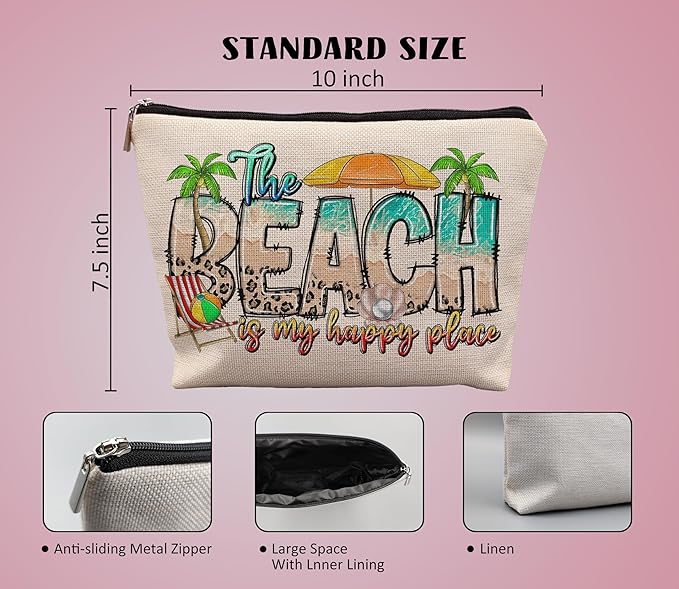 Beach Makeup Bag, Beach Gifts for Women Friends, Gifts for a Beach Lover, Beach Vacation Gifts, The Beach is My Happy Place Makeup Cosmetic Bag for Purse, Beachy Gifts