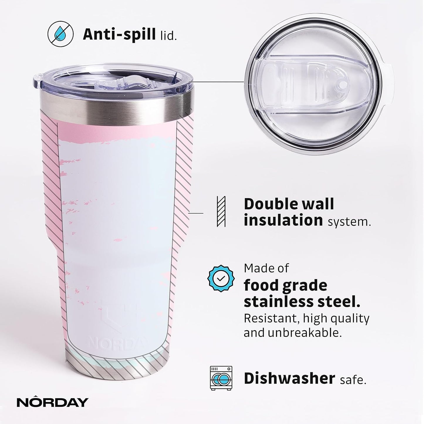 NORDAY | Tumbler with Lid - 30oz - Light Pink Insulated Tumbler - Stainless Steel Tumblers - Double Wall Insulated Travel Coffee Mug for Car Cup Holder - Keeps Temperature for 24hr - Anti Spill Lid
