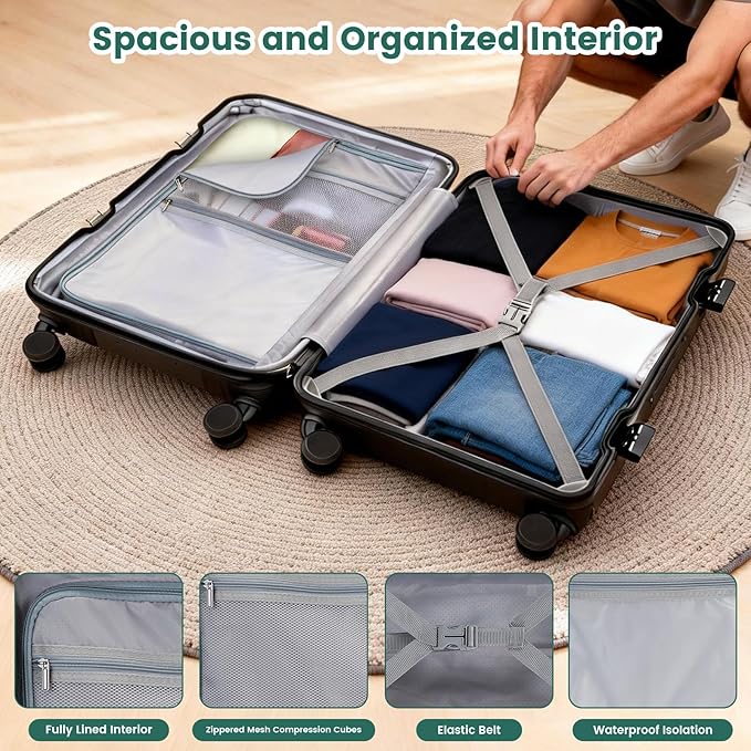 20 Inch Aluminum Frame Carry On Luggage with Front Pocket, USB Port, Phone Holder & Cup Holder, Hard Shell Spinner Suitcase for Airplane Travel, Black