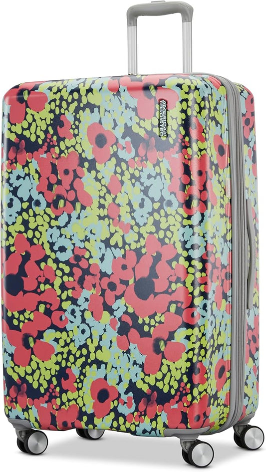 American Tourister Moonlight II Hardside Expandable Luggage with Spinner Wheels, Poppy Pattern, Large Checked Suitcase 28-Inch