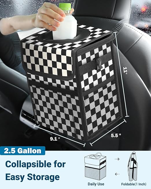 Capolo Car Trash Can with Lid, Leakproof Car Trash Bag Hanging Waterproof Automotive Garbage Can with Storage Pockets Mini Vehicle Trash Bin for Back/Front Seat(Corduroy Black Checkerboard,2.5 Gallon)