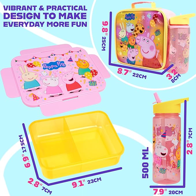 Get Trend Peppa Pig Lunch Bag, Lunch Box, Water Bottle for Kids 3 Piece Set Bento Box, Insulated Snack Container, Meal Holder Gifts for Kids (Multi Peppa Pig)
