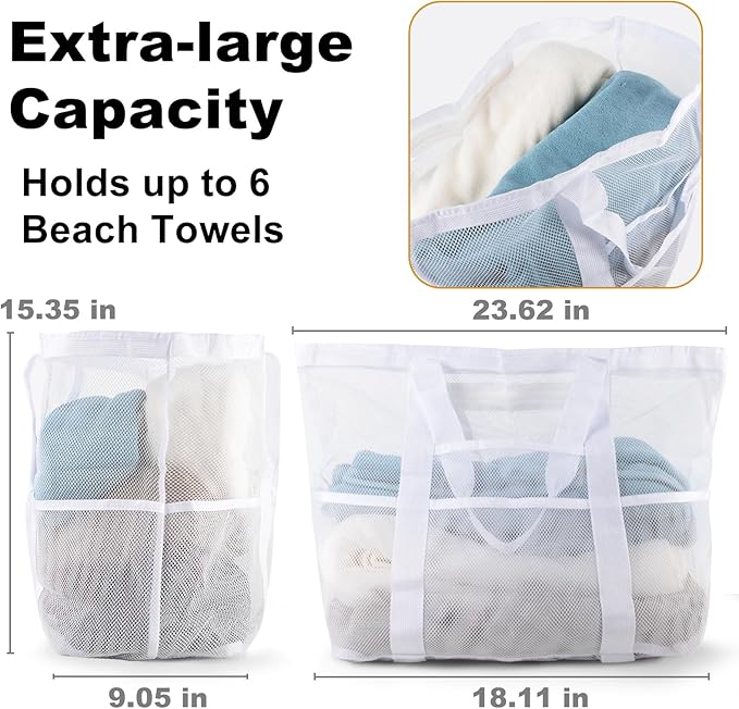 Mesh Beach Bag,Large Beach Bags for Women with 8 Pockets,Packable Tote Bag for Beach Cruise Pool Vacation Essentials