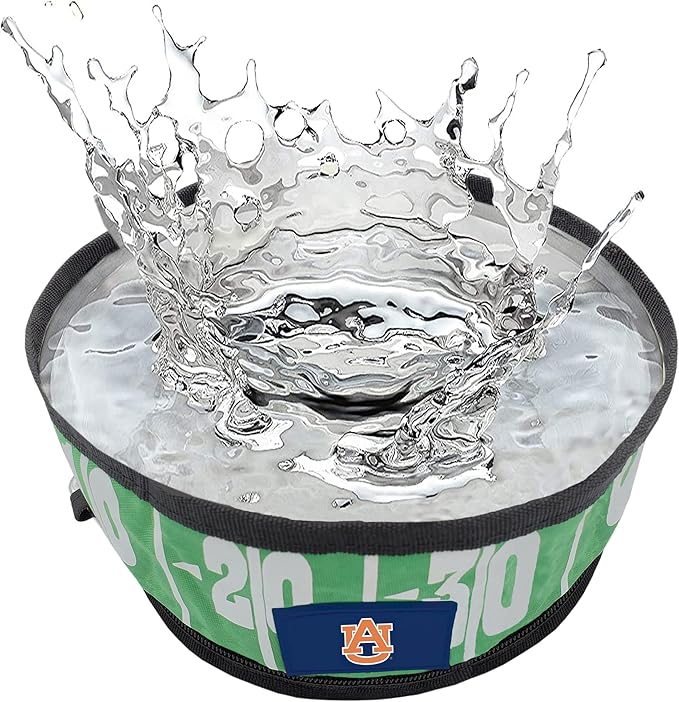 Pets First NCAA Auburn Tigers Collapsible Dog Travel Bowl, Food and Water Bowl for Dogs & Cats. Lightweight Leak-Proof Pet Bowl for Travel with Football Field & Pebble-Grain Design