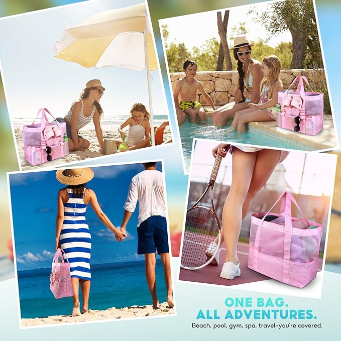 Large Mesh Beach Bag – Lightweight Beach Tote with 9 Pockets, Beach Bag for Women, Men, Family Essentials